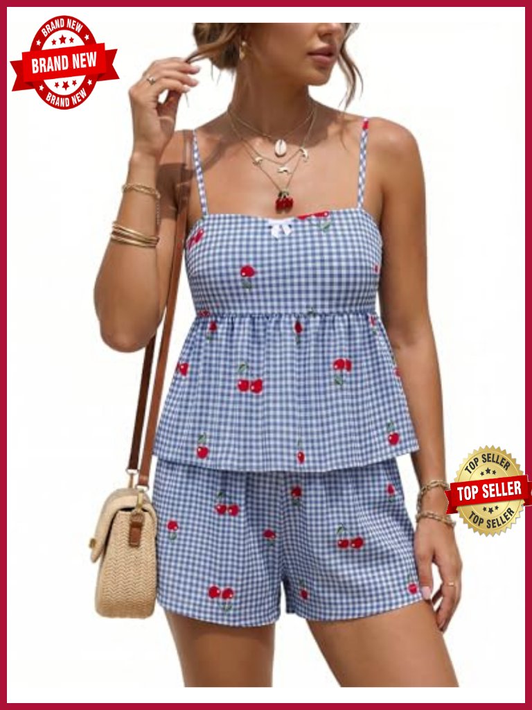 Women Gingham Spaghetti Strap Cami Top & Shorts Set With Pockets